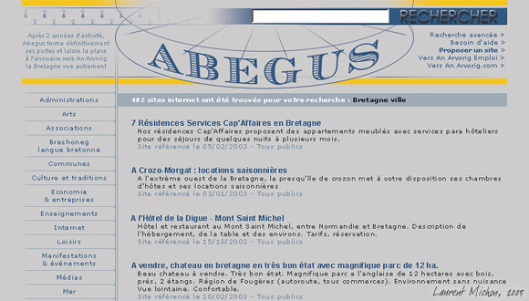 Abegus, annuaire et moteur de recherche breton, 2003